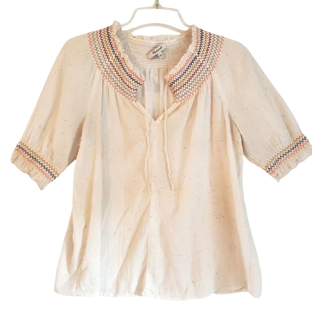 Madewell Cream Peasant Blouse with Multicolor Smocked Yoke